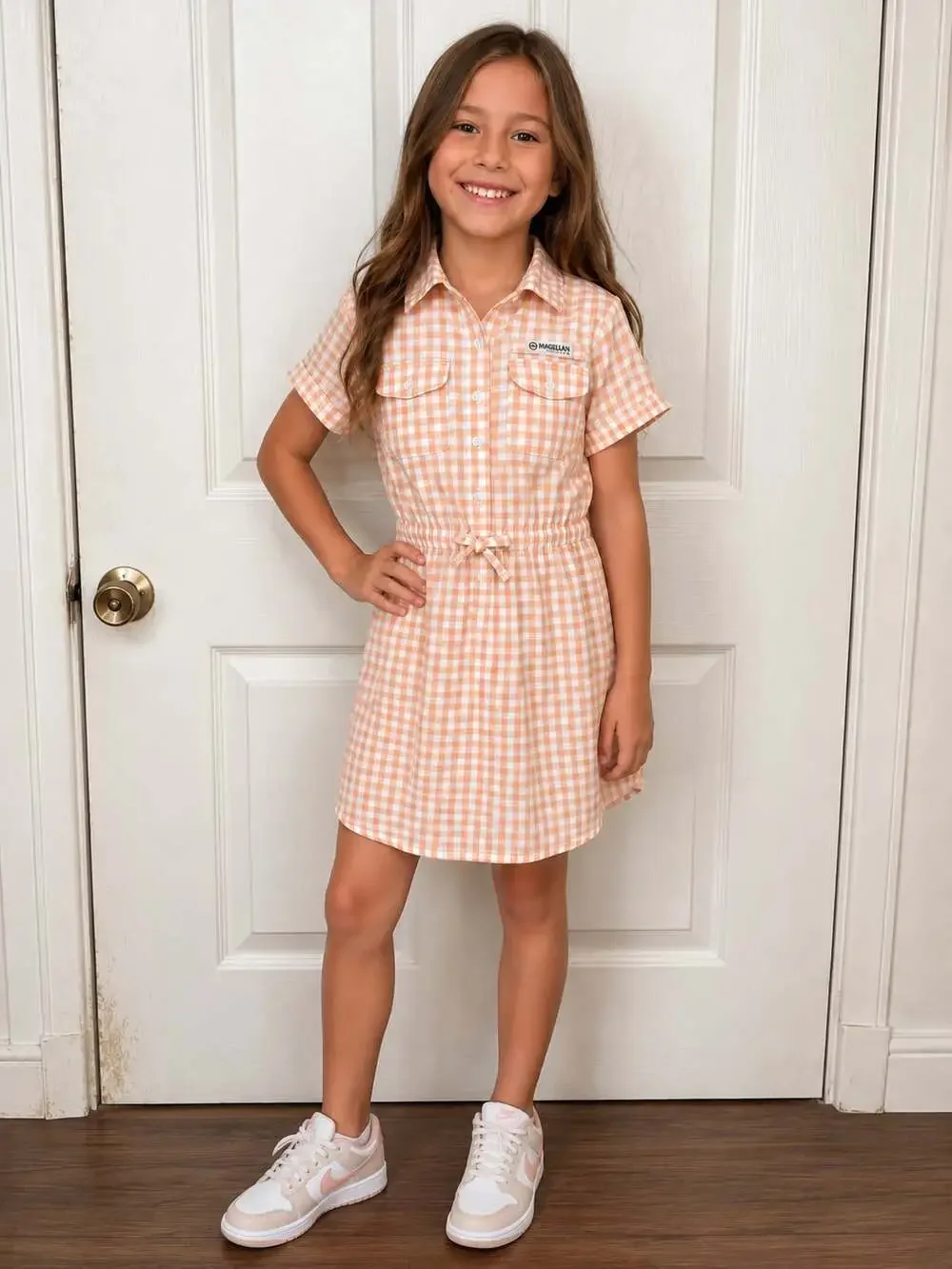 Magellan Outdoors Girls Peach Gingham Short Sleeve Button-Front Shirt Dress
